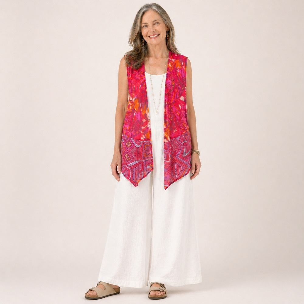Soft Surroundings Womens Boho Sheer Ikat Open Front Vest Pink XS Chiffon Artsy